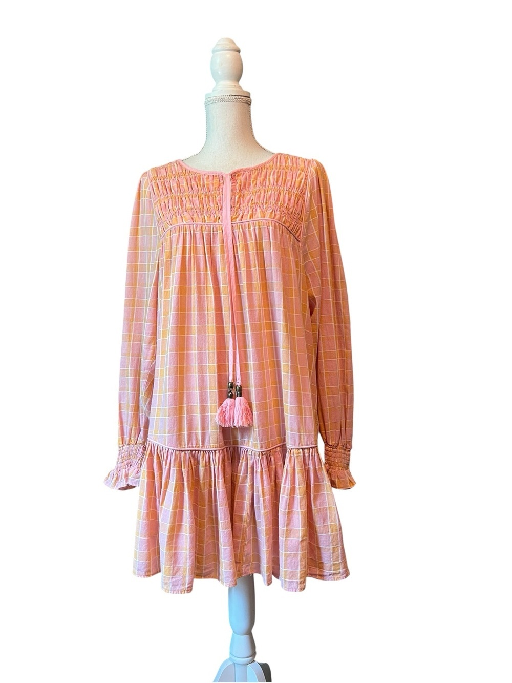 Harni Women’s Pink and Orange Check Midi Dress with Tassel Tie